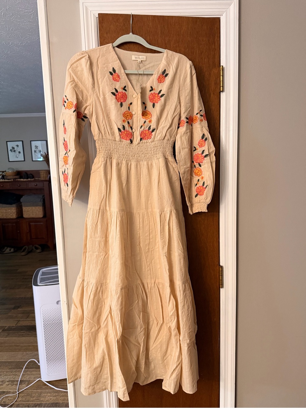 Roolee Beige Maxi Dress with Orange & Coral Floral Embroidery NWT